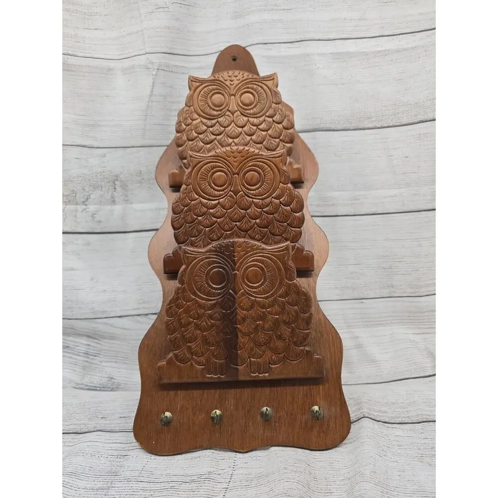 Vintage Wood Owl Mail Holder & Key Hook. MCM. Three Owl Letter Holder